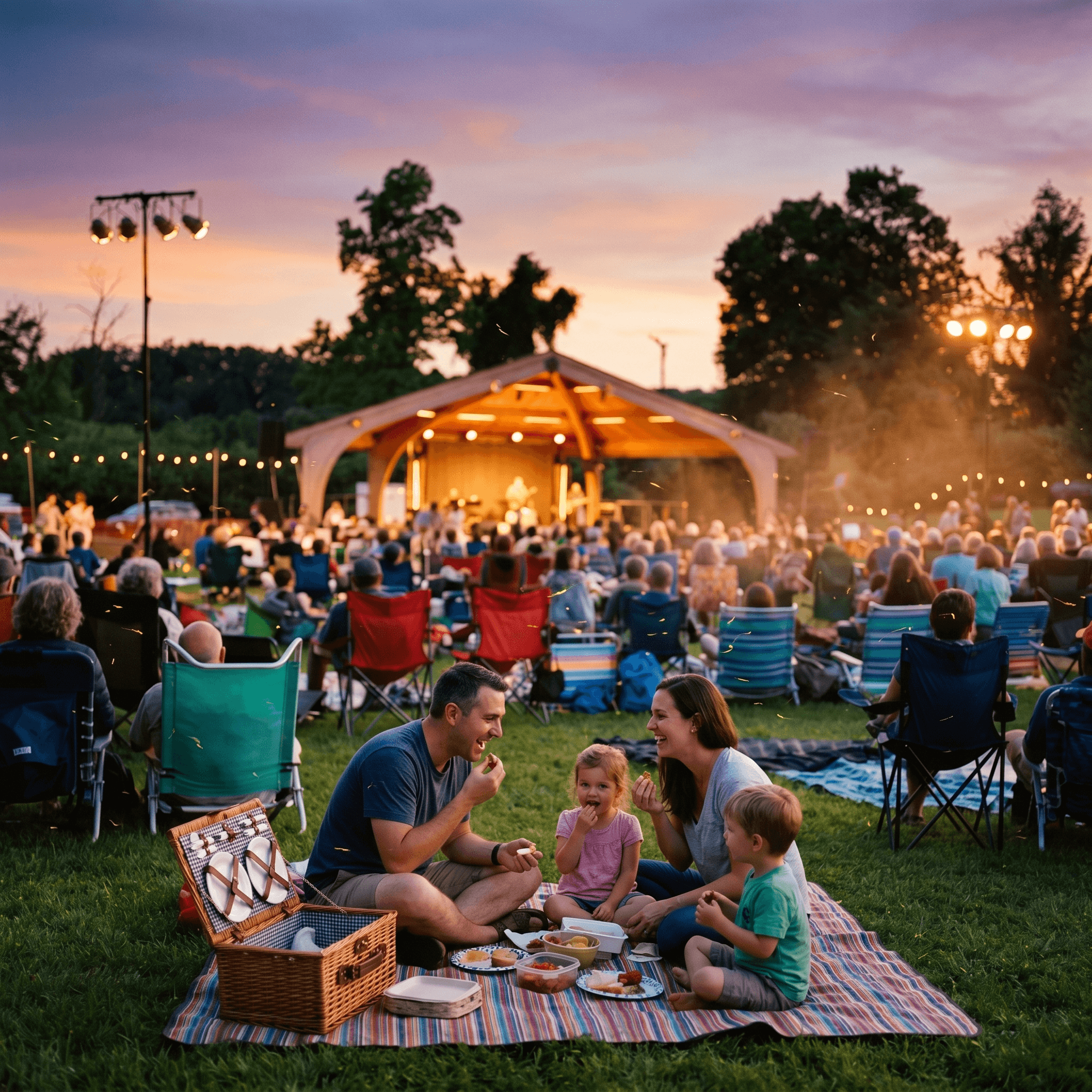 Family on a picnic blanket at Mill Side Park at dusk, gazebo and crowd in the background