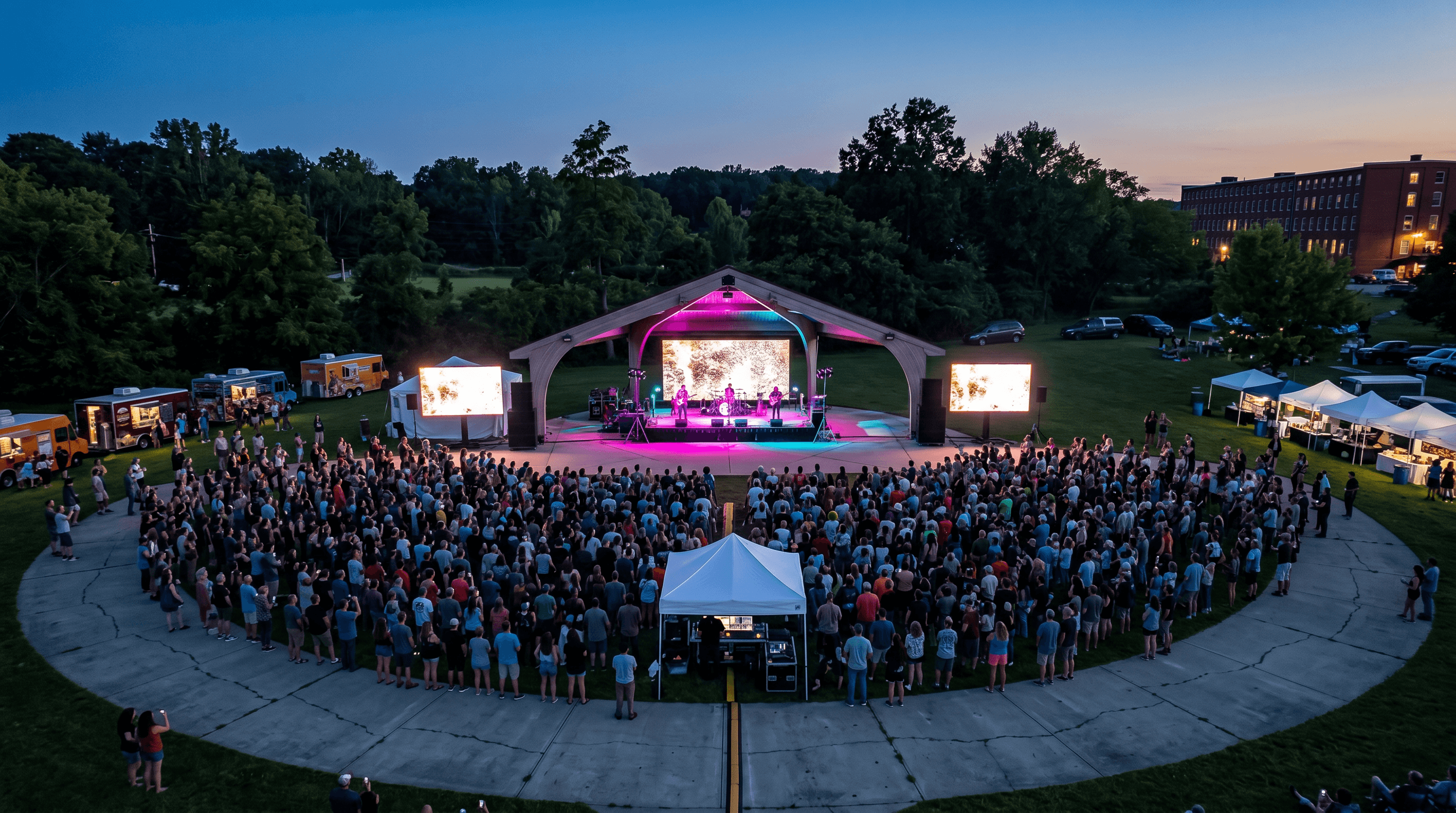 Mill Side Park at dusk — aerial view of a packed lawn glowing under stage lights